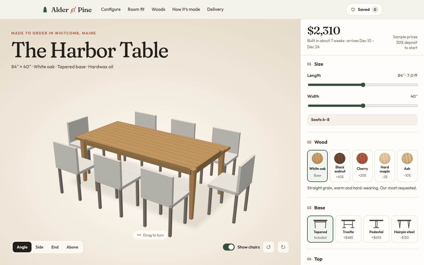 Alder & Pine concept: a 3D oak dining table with chairs beside the configurator options and price