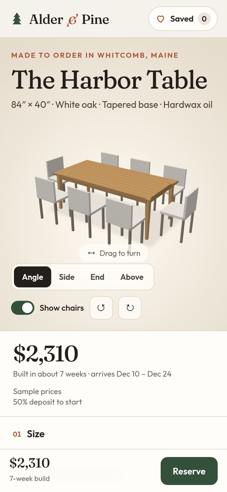 Alder & Pine configurator on a phone