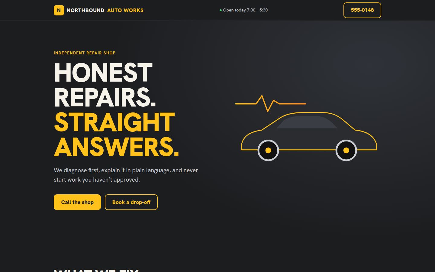Northbound Auto Works concept homepage on a desktop browser