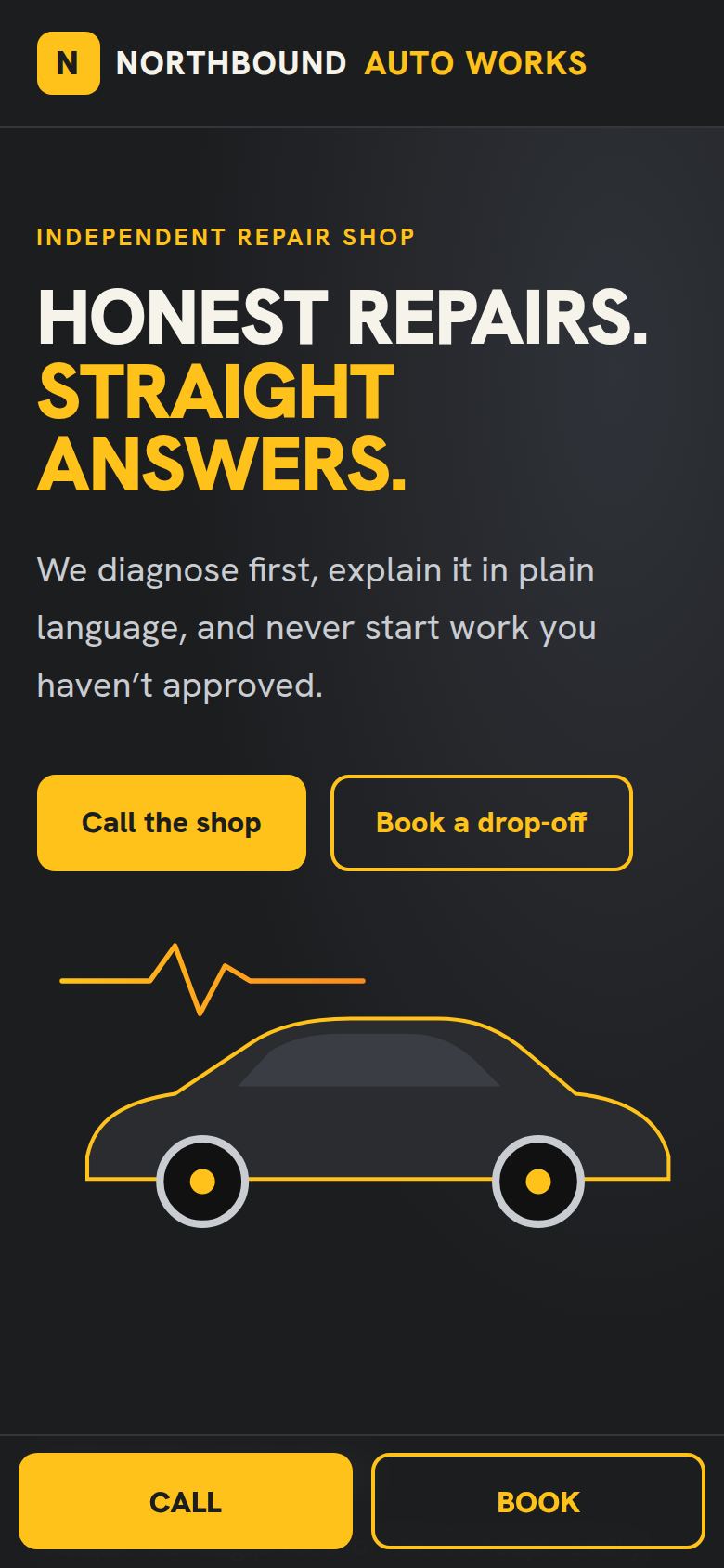 Northbound Auto Works concept on a phone, with call and book buttons