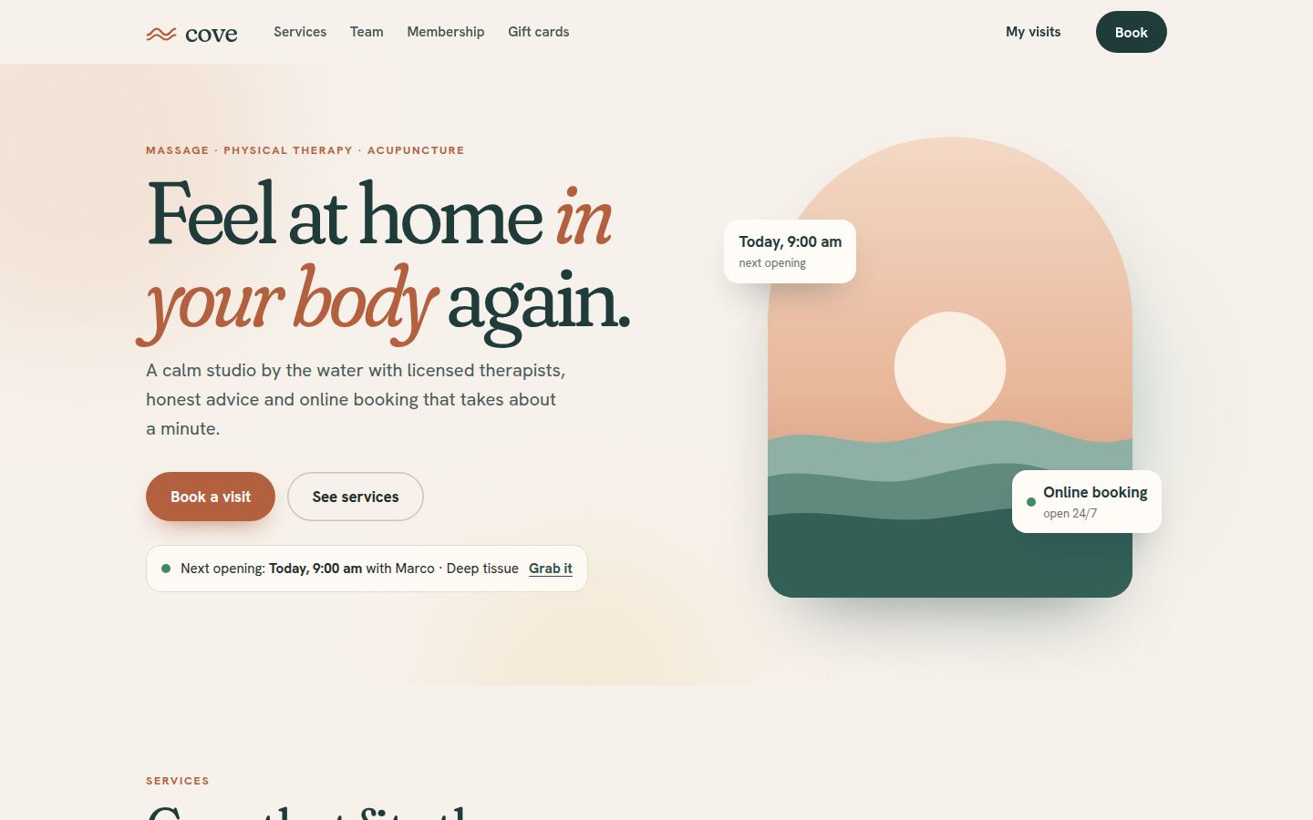 Cove Wellness concept: a soft sand hero with a sunset arch and a Book a visit button