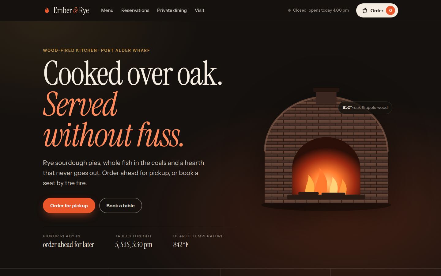 Ember & Rye concept: a dark hero with a glowing wood-fired oven, beside order and booking buttons