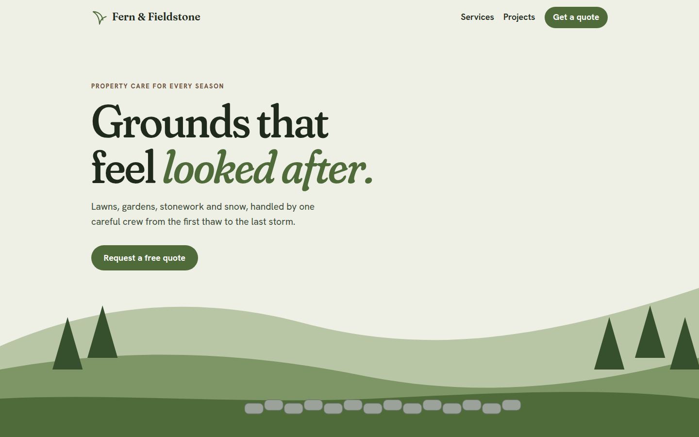 Fern & Fieldstone concept homepage on a desktop browser