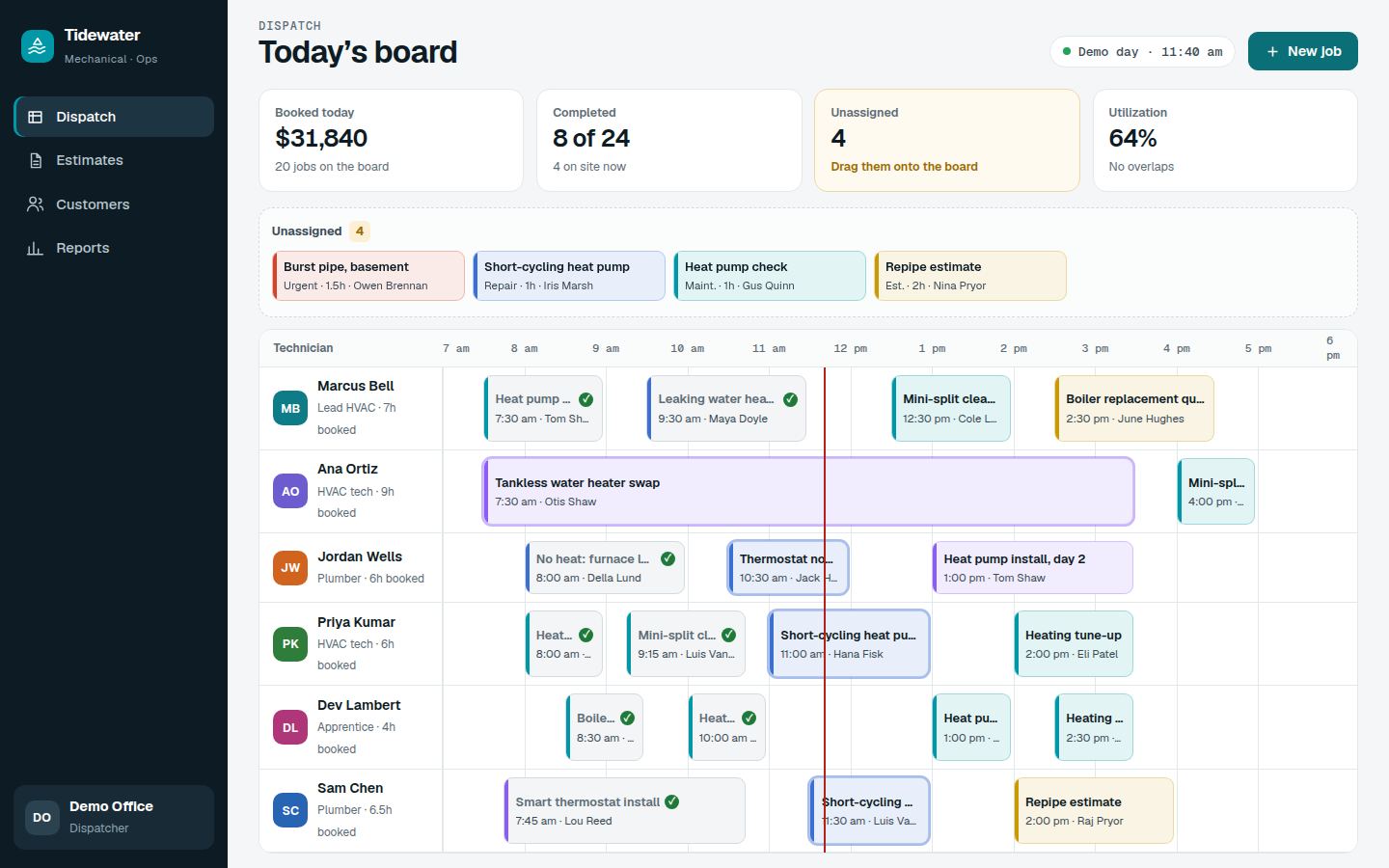 Tidewater Mechanical Ops concept: a dispatch board of technicians and colored job blocks