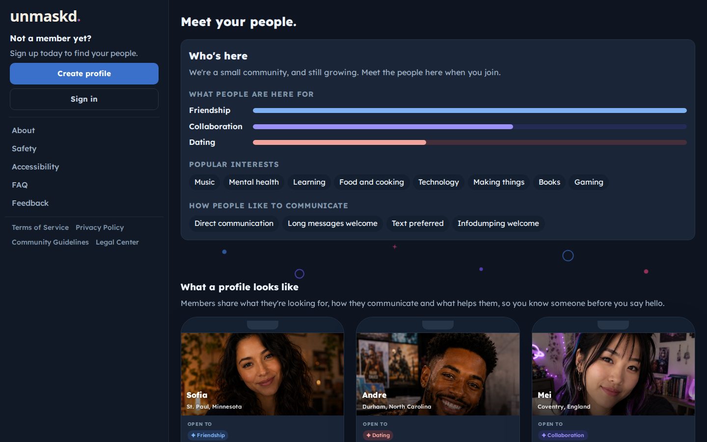 The public Explore page, with what people are there for and example profiles