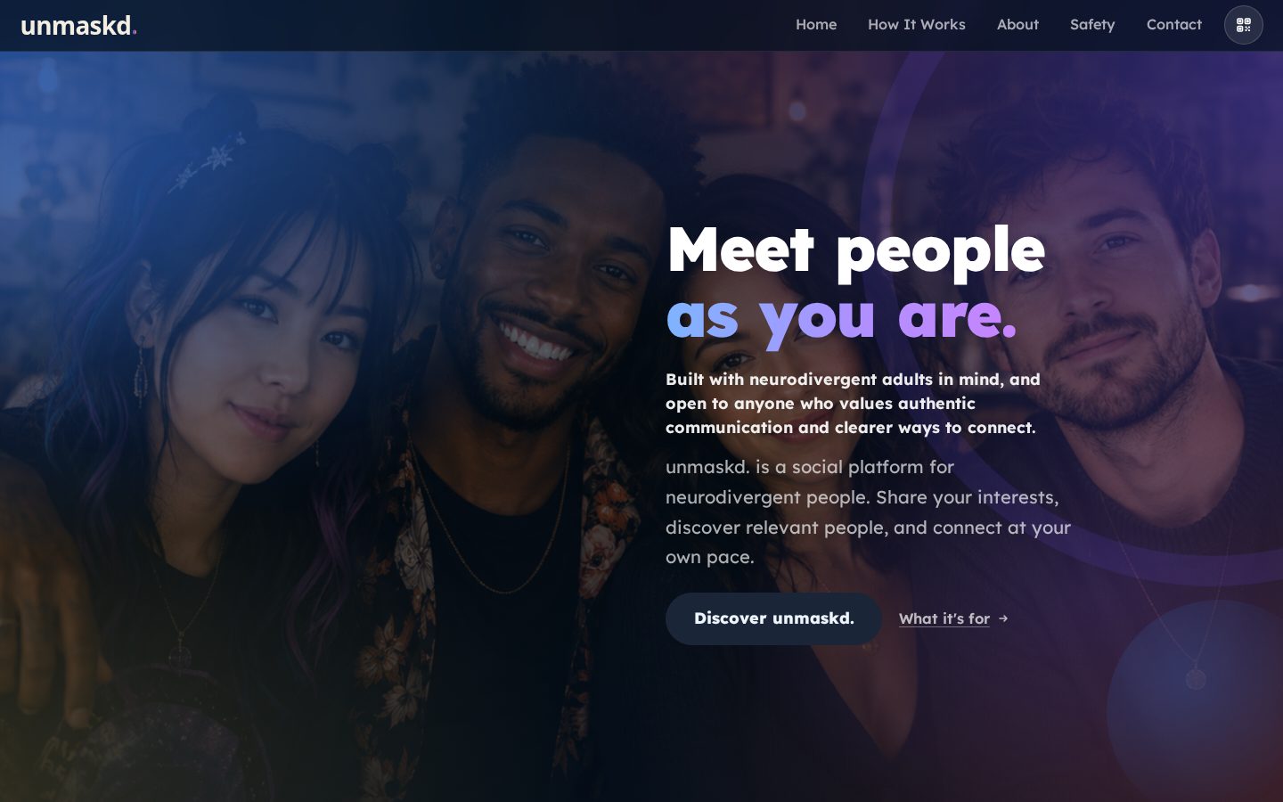 The getunmaskd.com homepage: “Meet people as you are.”